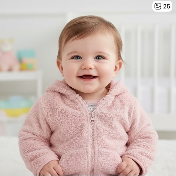 🍭Carters Blush  Pink Fuzzy Baby Hoodie with ears 6 months pockets - Picture 1 of 6